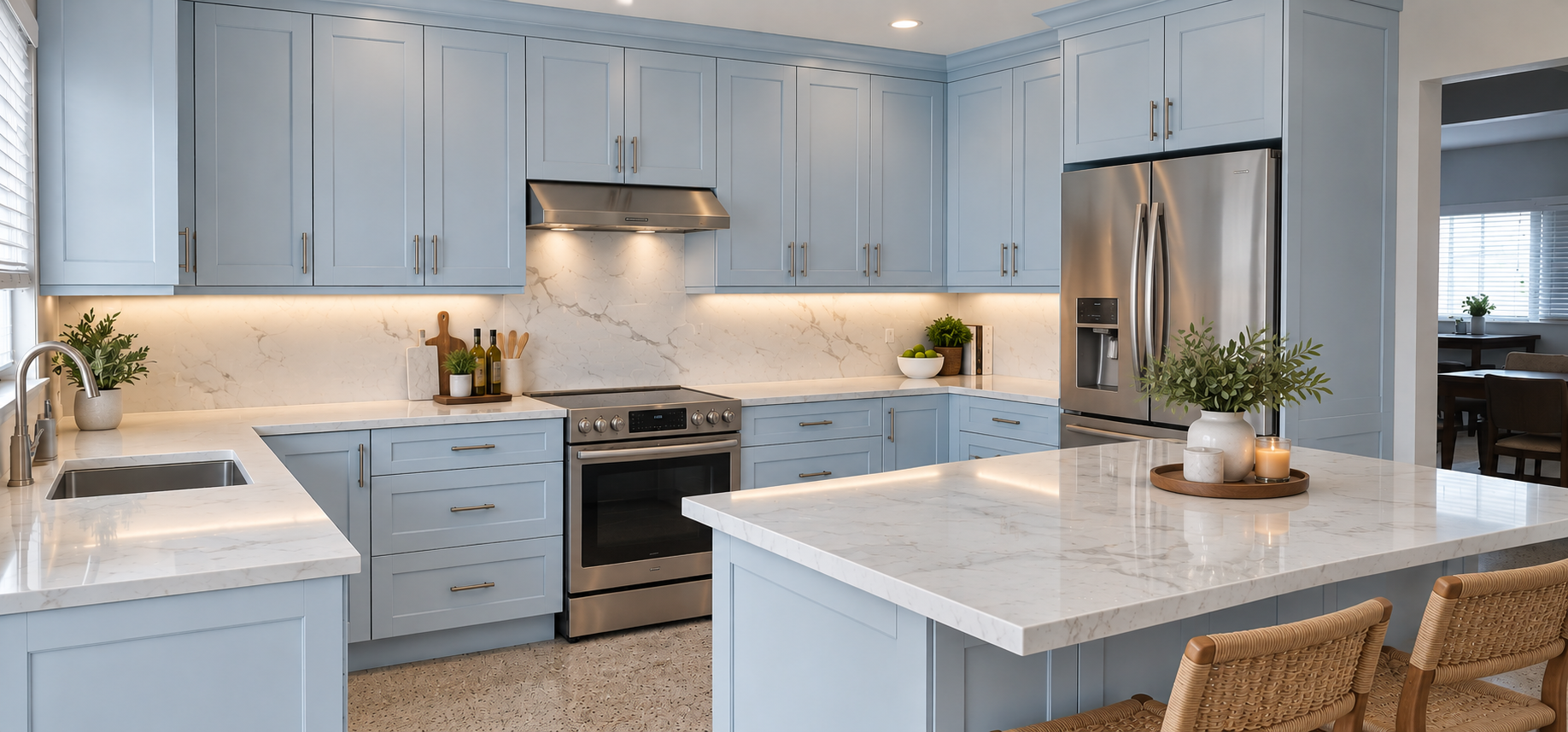 Airy Blue Shaker Kitchen with Marble Island