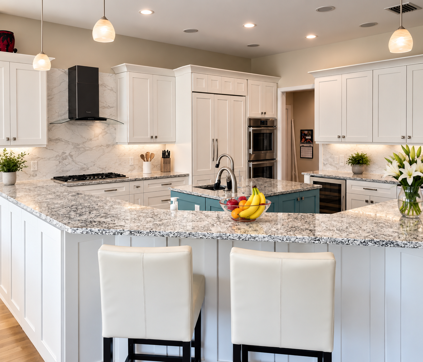 Bright Transitional Kitchen with Teal Island