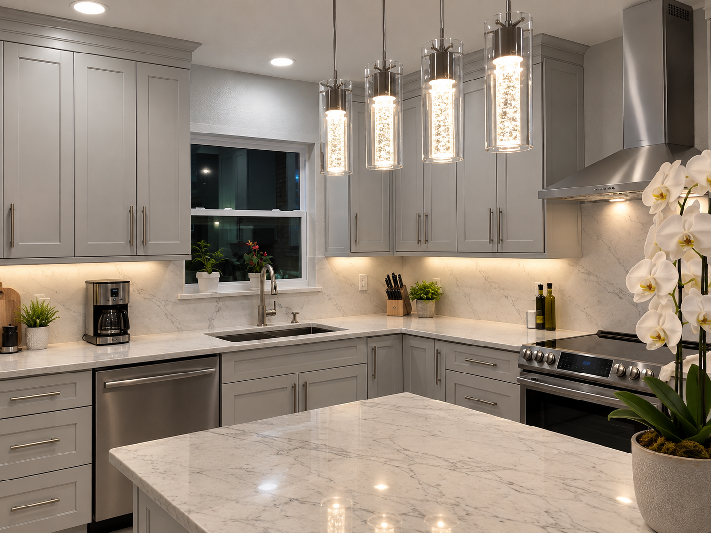 Elegant Gray Kitchen with Orchid and Pendant Lights