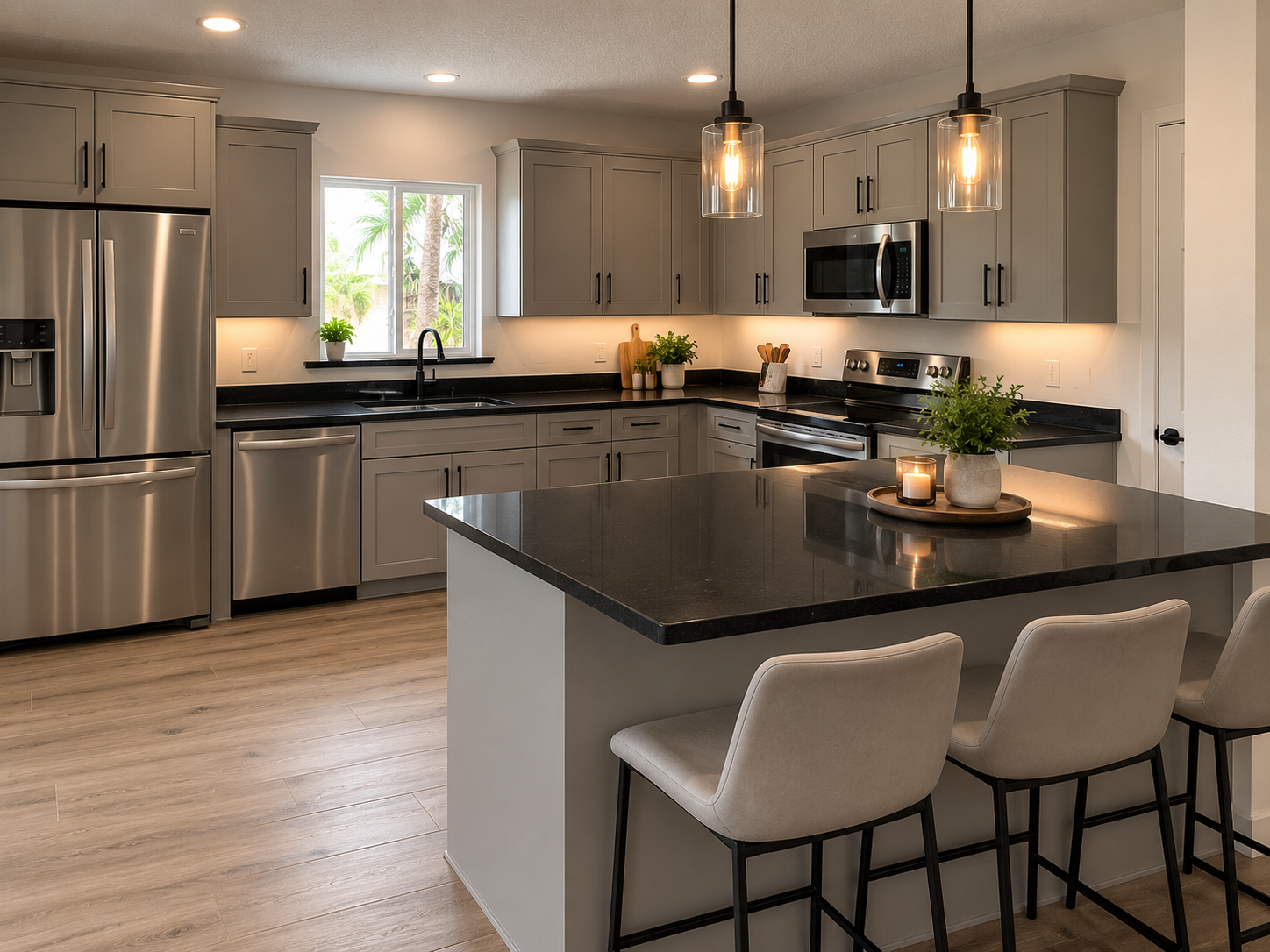 Modern Greige Kitchen with Black Quartz Countertop