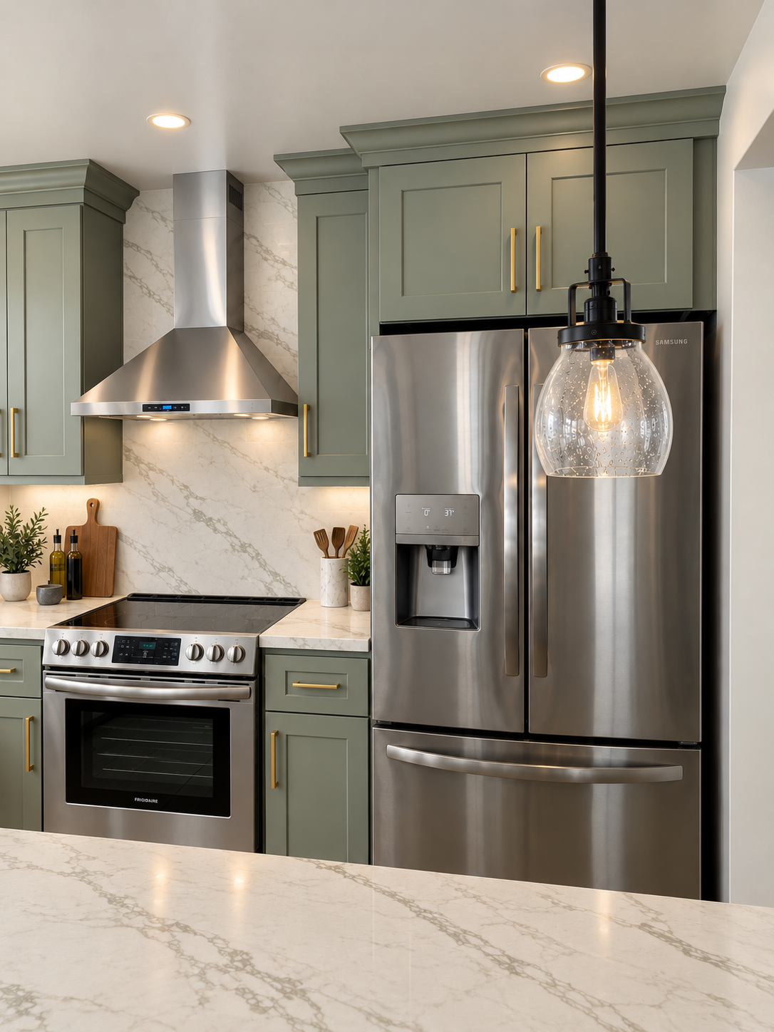 Sage Green Marble Kitchen with Brass Accents